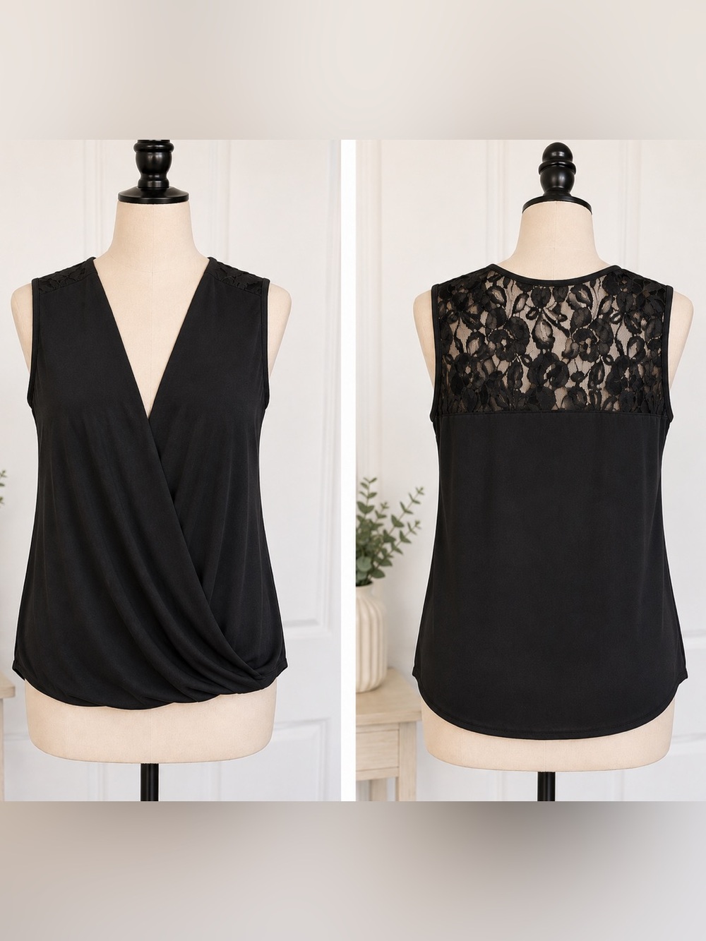 Kut from the Kloth Black Sleeveless Faux-Wrap Camisole with Lace Back
